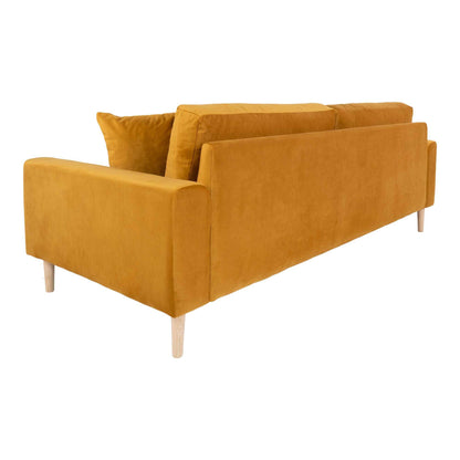 Canapea 3 locuri, galben mustar, din catifea, cu 2 perne si picioare din lemn natur