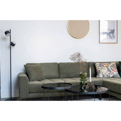 Canapea lounge, orientare dreapta, verde masliniu, cu 4 perne si picioare din lemn negru, in living