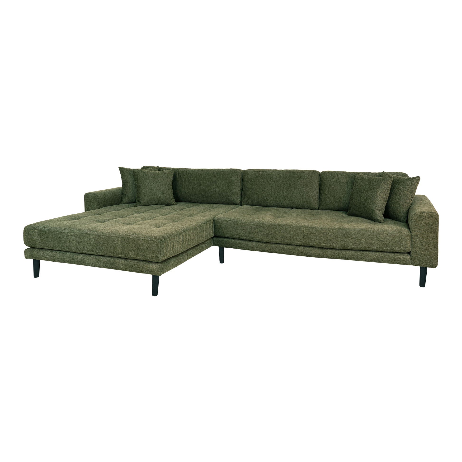 Canapea lounge, orientare stanga, culoare verde masliniu, cu 4 perne si picioare din lemn negru