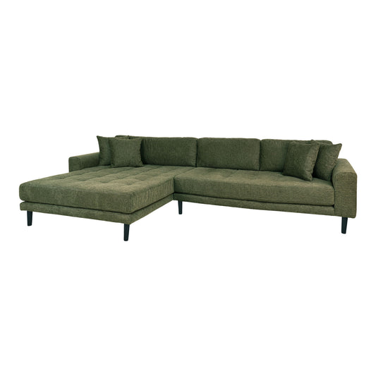 Canapea lounge, orientare stanga, culoare verde masliniu, cu 4 perne si picioare din lemn negru