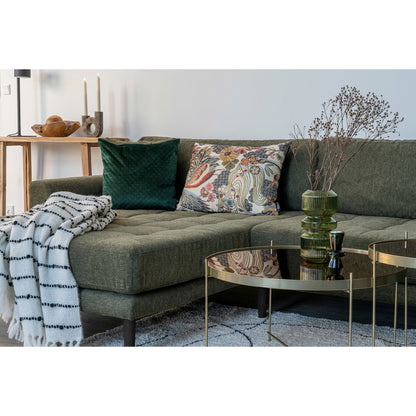 Canapea lounge, orientare stanga, culoare verde masliniu, cu 4 perne si picioare din lemn negru, in living