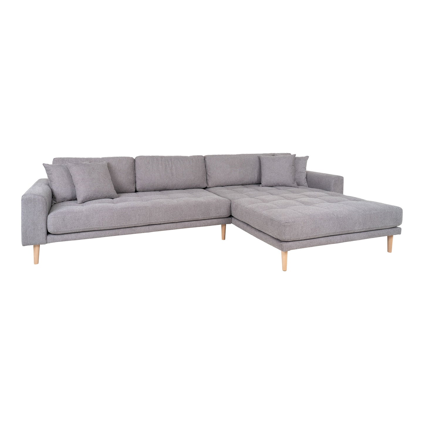 Canapea lounge, orientare dreapta, gri deschis, cu 4 perne si picioare din lemn natur