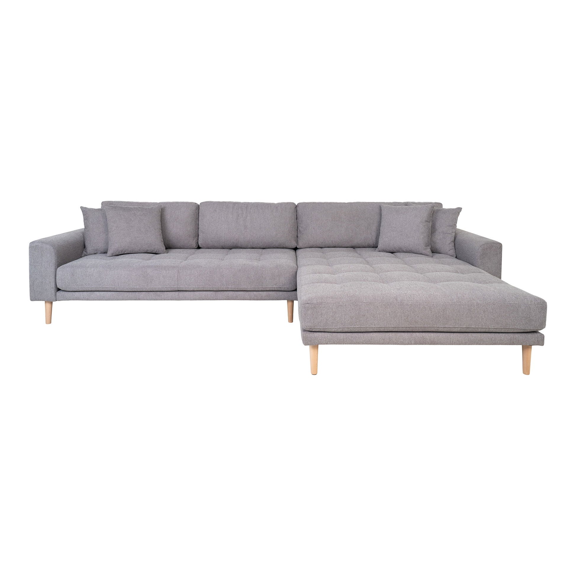 Canapea lounge, orientare dreapta, gri deschis, cu 4 perne si picioare din lemn natur