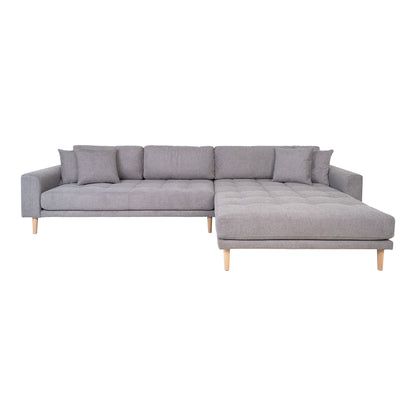 Canapea lounge, orientare dreapta, gri deschis, cu 4 perne si picioare din lemn natur