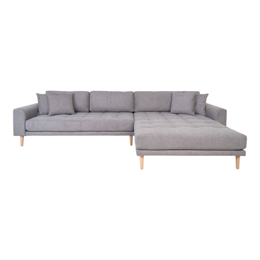 Canapea lounge, orientare dreapta, gri deschis, cu 4 perne si picioare din lemn natur