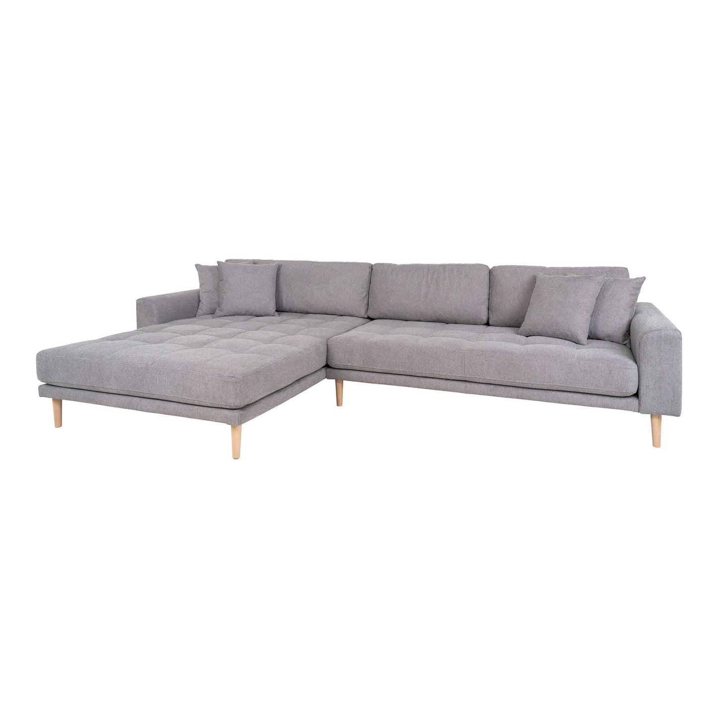 Canapea lounge, orientare stanga, gri deschis, cu 4 perne si picioare din lemn natur