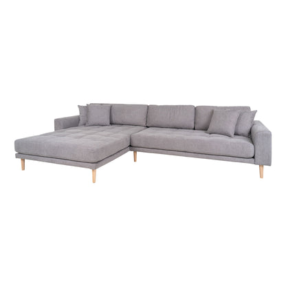 Canapea lounge, orientare stanga, gri deschis, cu 4 perne si picioare din lemn natur