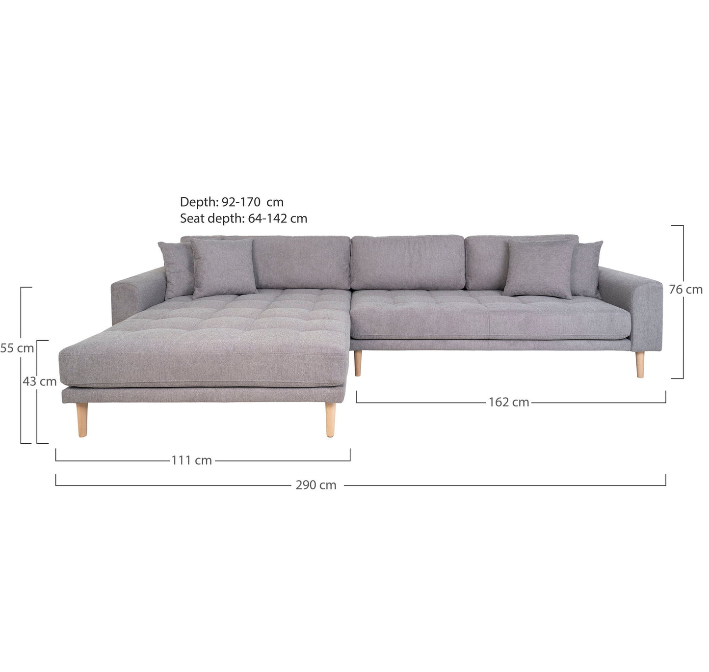 Canapea lounge, orientare stanga, gri deschis, cu 4 perne si picioare din lemn natur