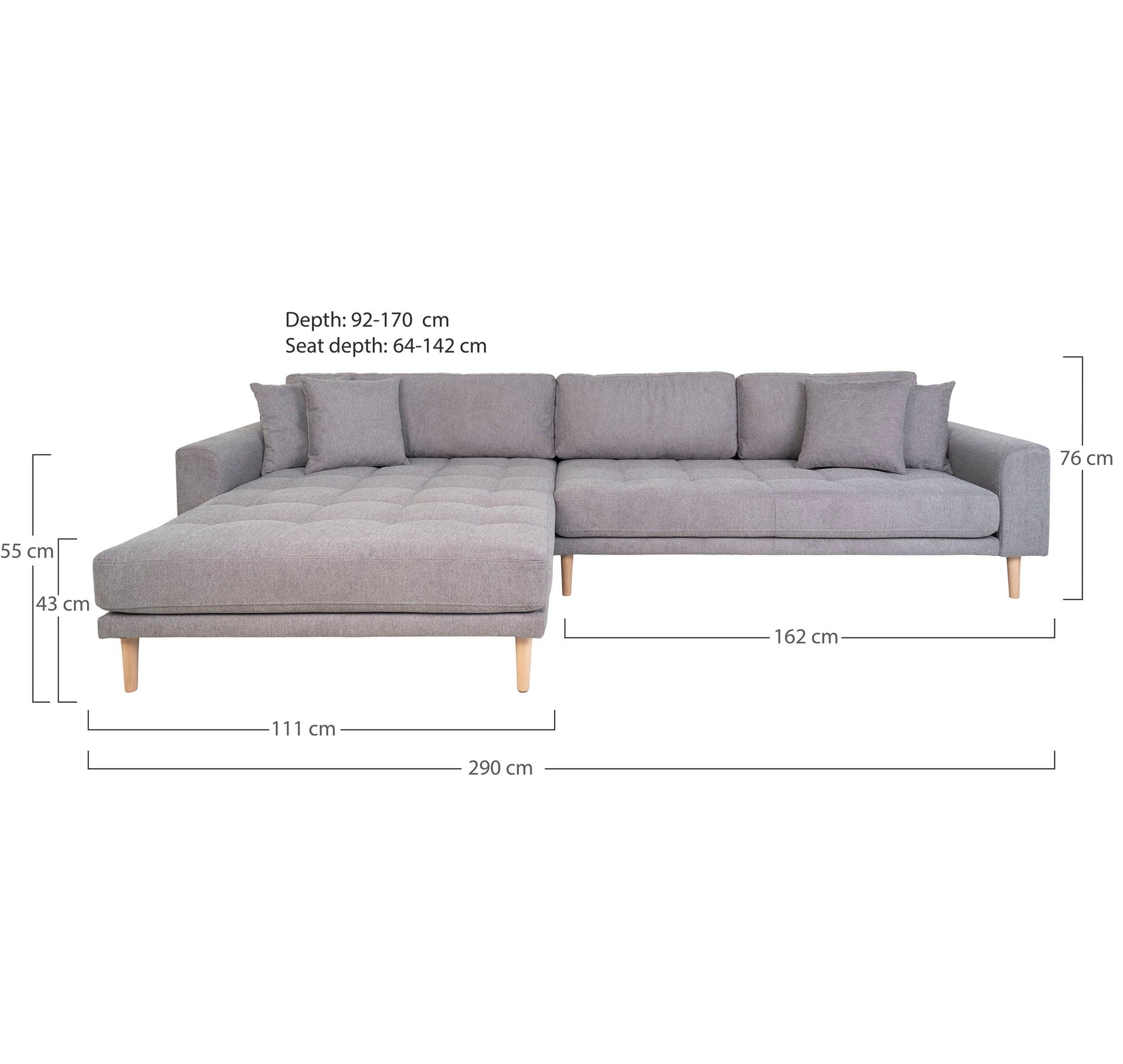 Canapea lounge, orientare stanga, gri deschis, cu 4 perne si picioare din lemn natur