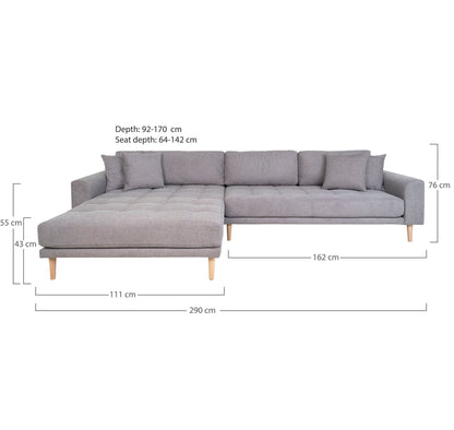 Canapea lounge, orientare stanga, gri deschis, cu 4 perne si picioare din lemn natur