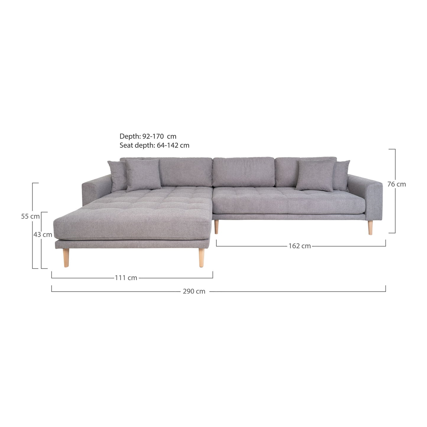 Canapea lounge, orientare stanga, gri deschis, cu 4 perne si picioare din lemn natur
