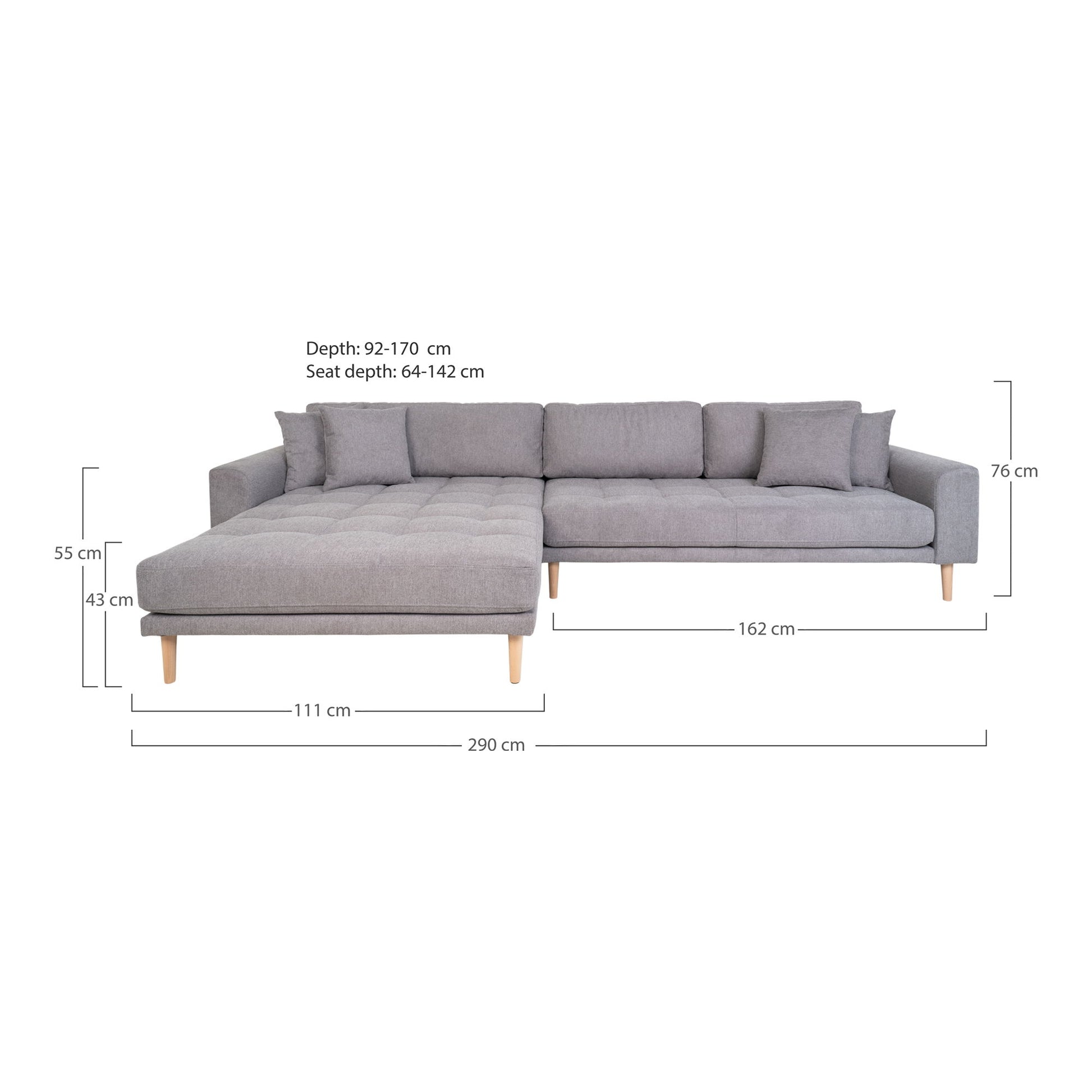 Canapea lounge, orientare stanga, gri deschis, cu 4 perne si picioare din lemn natur