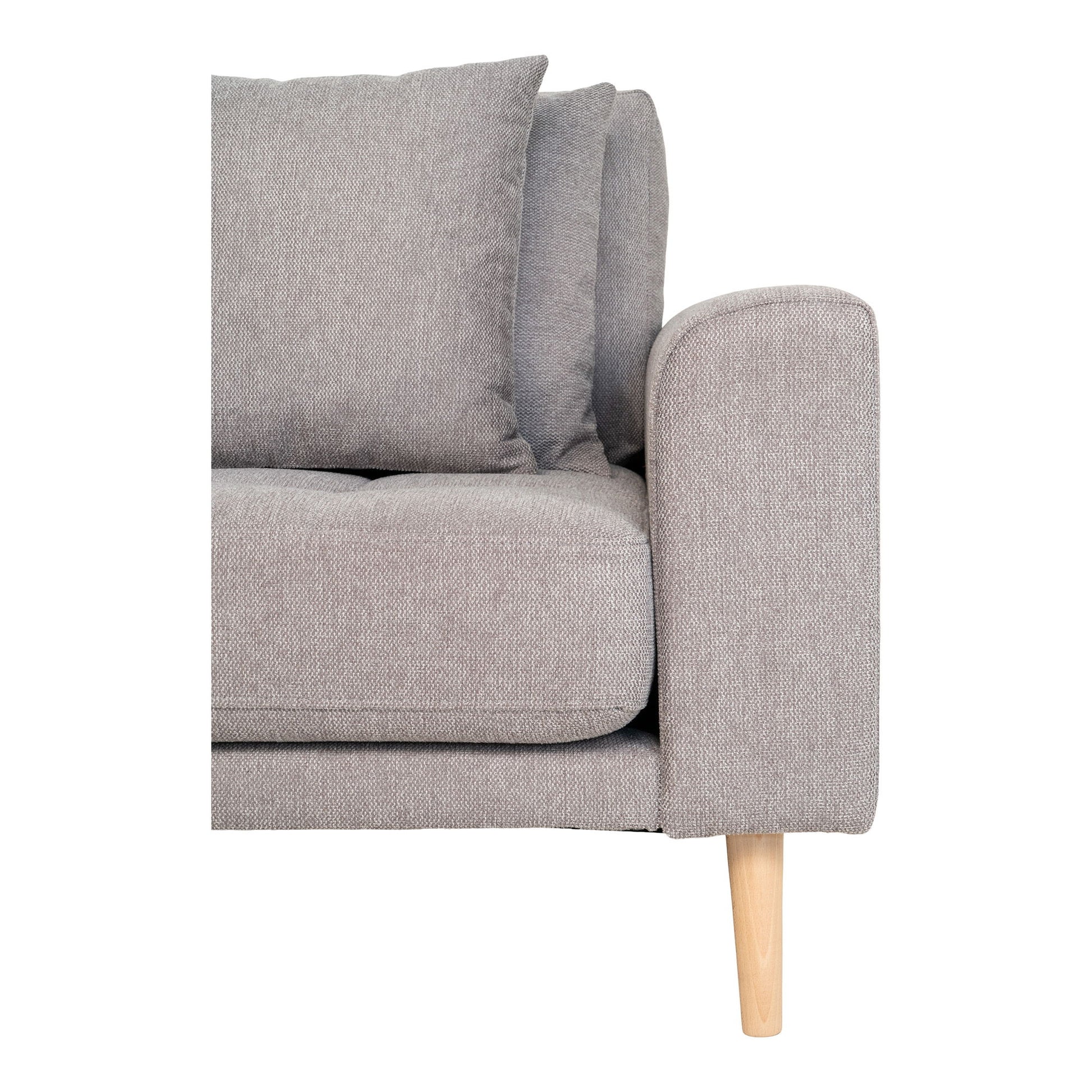 Canapea lounge, orientare stanga, gri deschis, cu 4 perne si picioare din lemn natur, detaliu