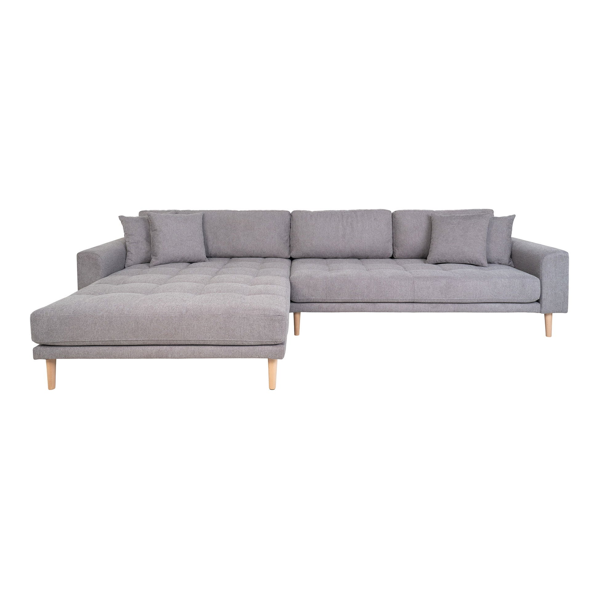 Canapea lounge, orientare stanga, gri deschis, cu 4 perne si picioare din lemn natur