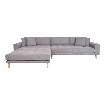 Canapea lounge, orientare stanga, gri deschis, cu 4 perne si picioare din lemn natur