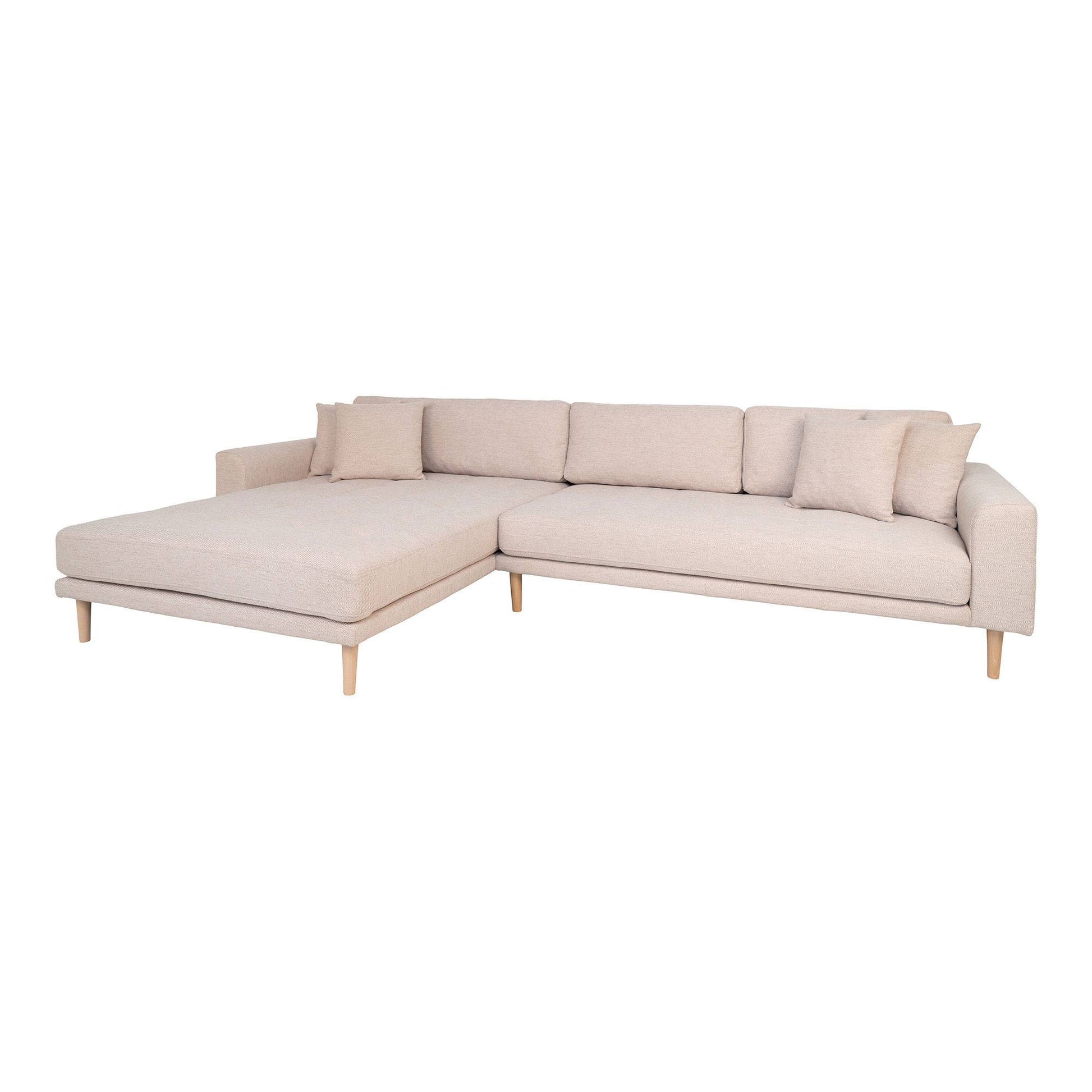 Canapea lounge, orientare stanga, nisipiu, 4 perne, picioare din lemn natur