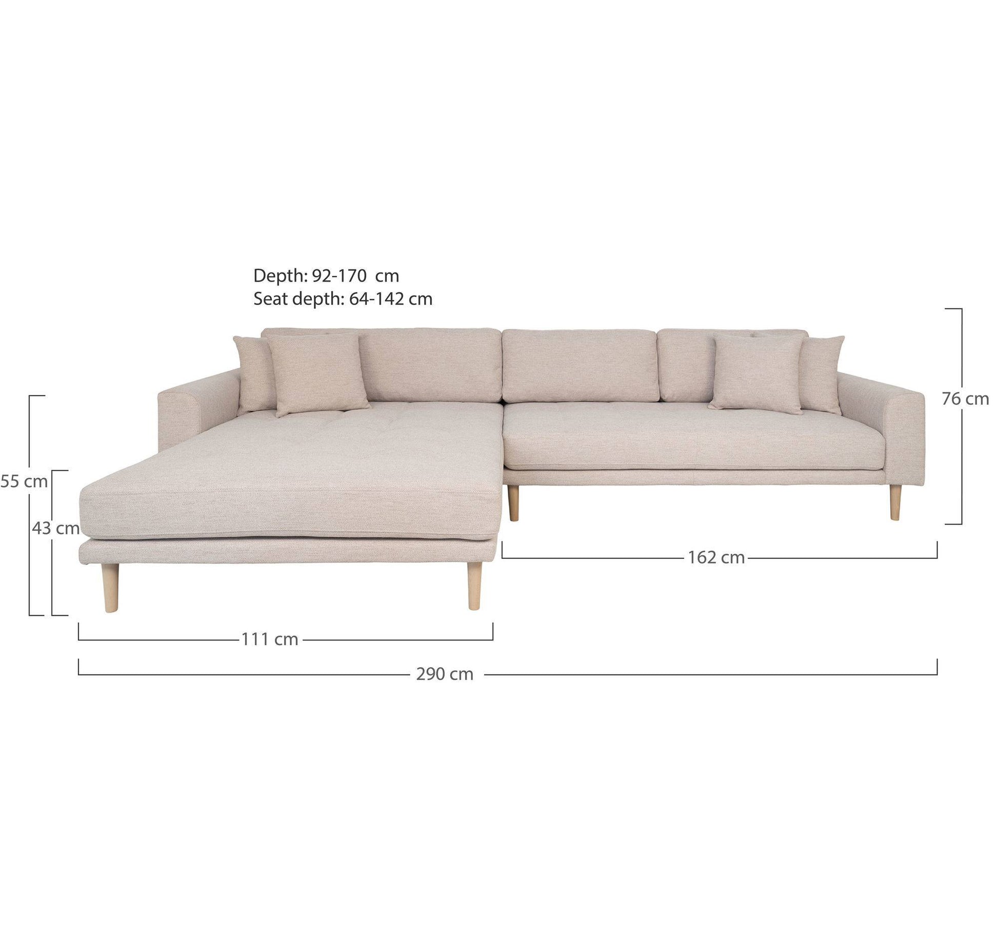 Canapea lounge, orientare stanga, nisipiu, 4 perne, picioare din lemn natur
