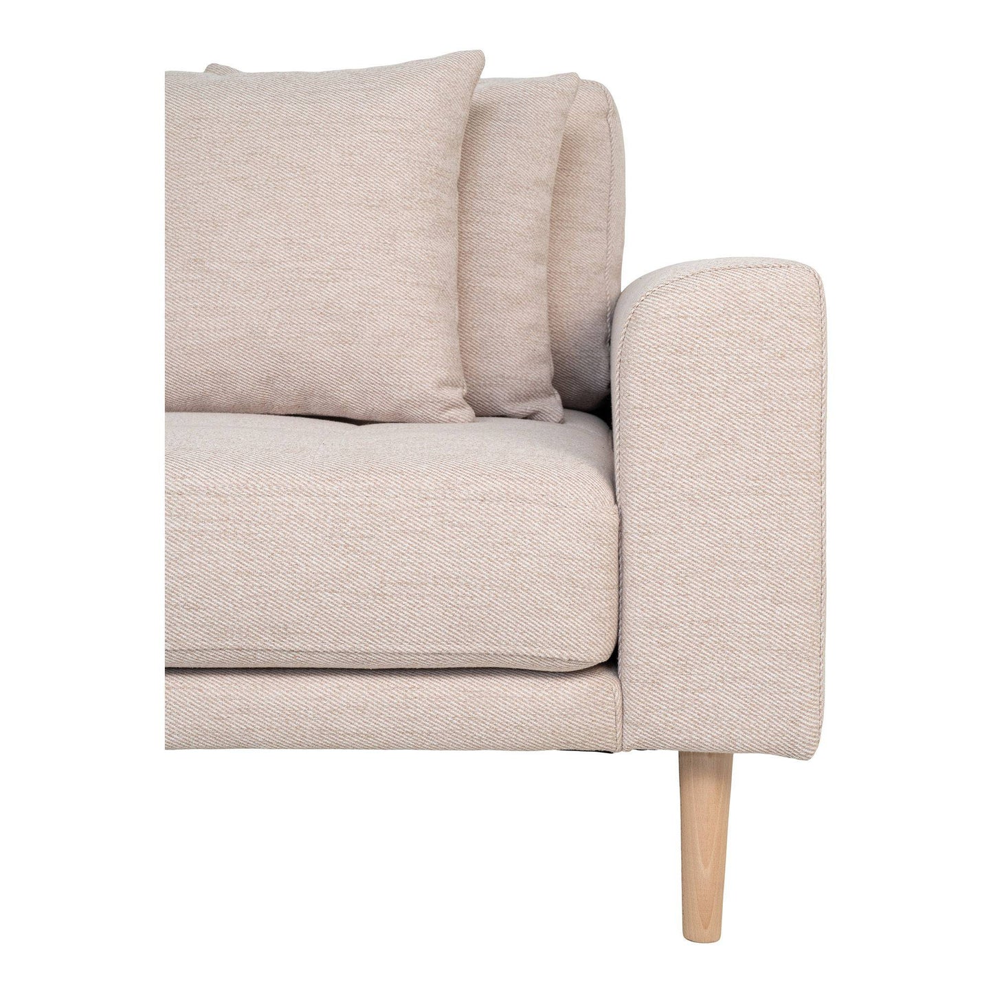 Canapea lounge, orientare stanga, nisipiu, 4 perne, picioare din lemn natur, detaliu