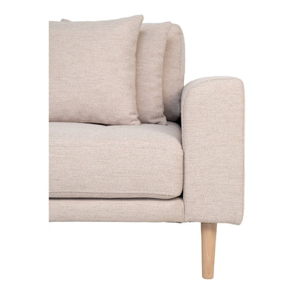 Canapea lounge, orientare stanga, nisipiu, 4 perne, picioare din lemn natur, detaliu