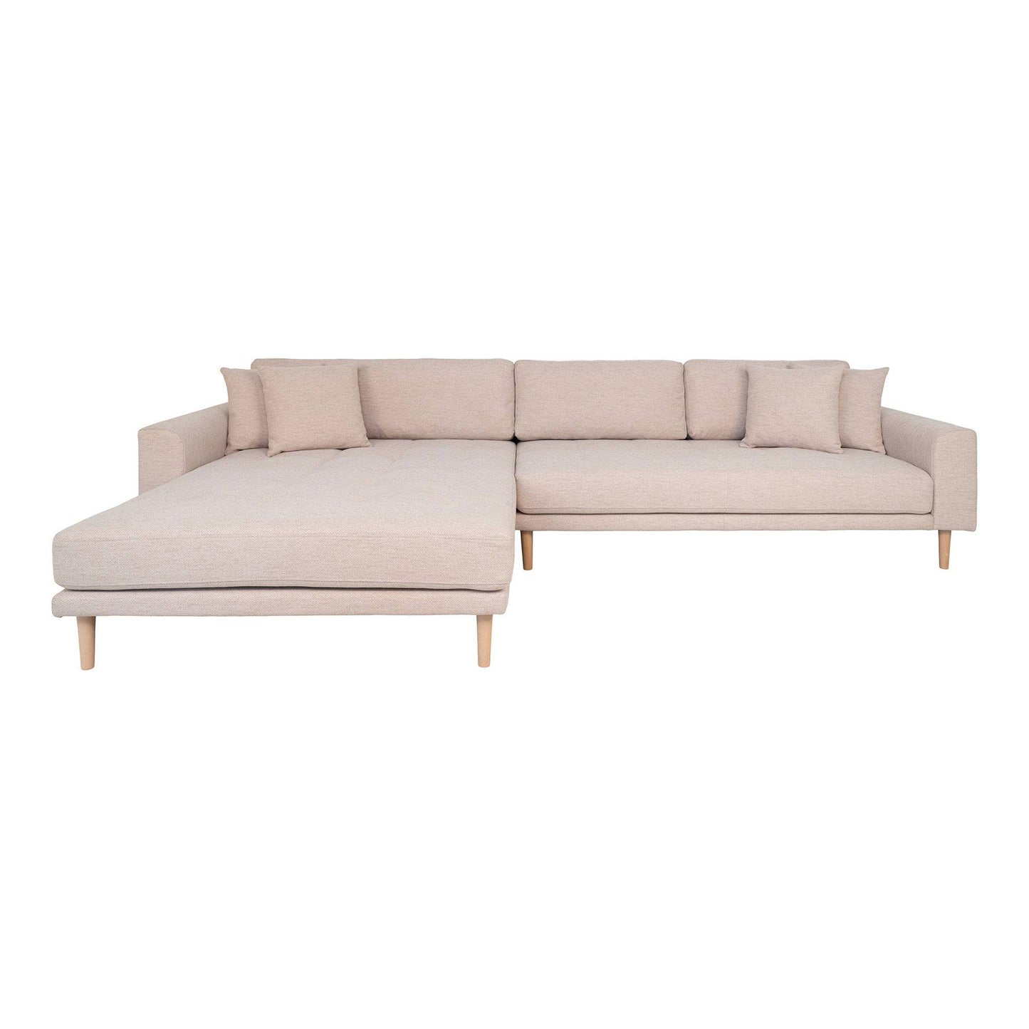 Canapea lounge, orientare stanga, nisipiu, 4 perne, picioare din lemn natur