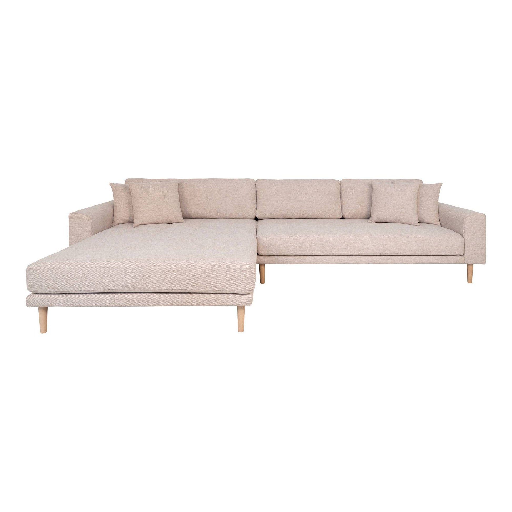 Canapea lounge, orientare stanga, nisipiu, 4 perne, picioare din lemn natur
