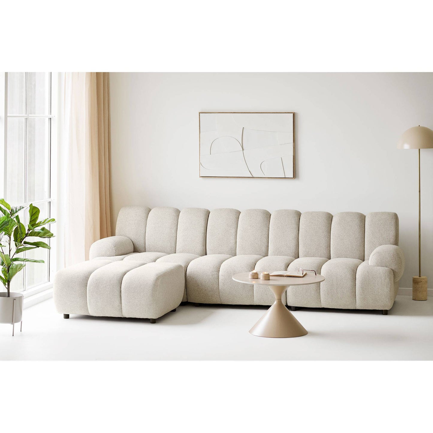 Canapea modulara 3.5 locuri cu taburet, nisipiu, orientare stanga, in living