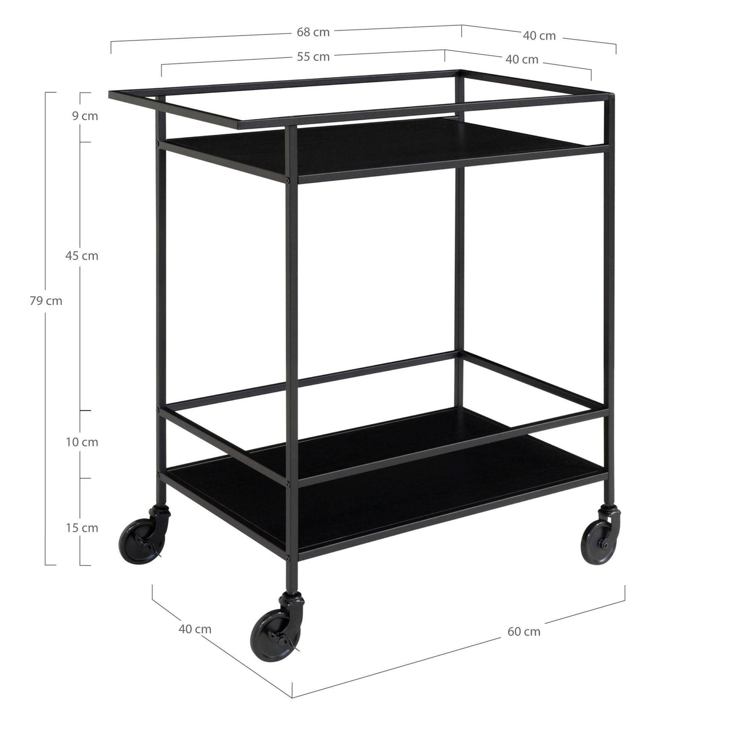 Carucior de bar cu 2 rafturi, negru