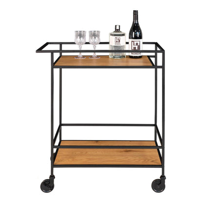 Carucior de bar cu 2 rafturi, cu aspect de stejar si rama neagra
