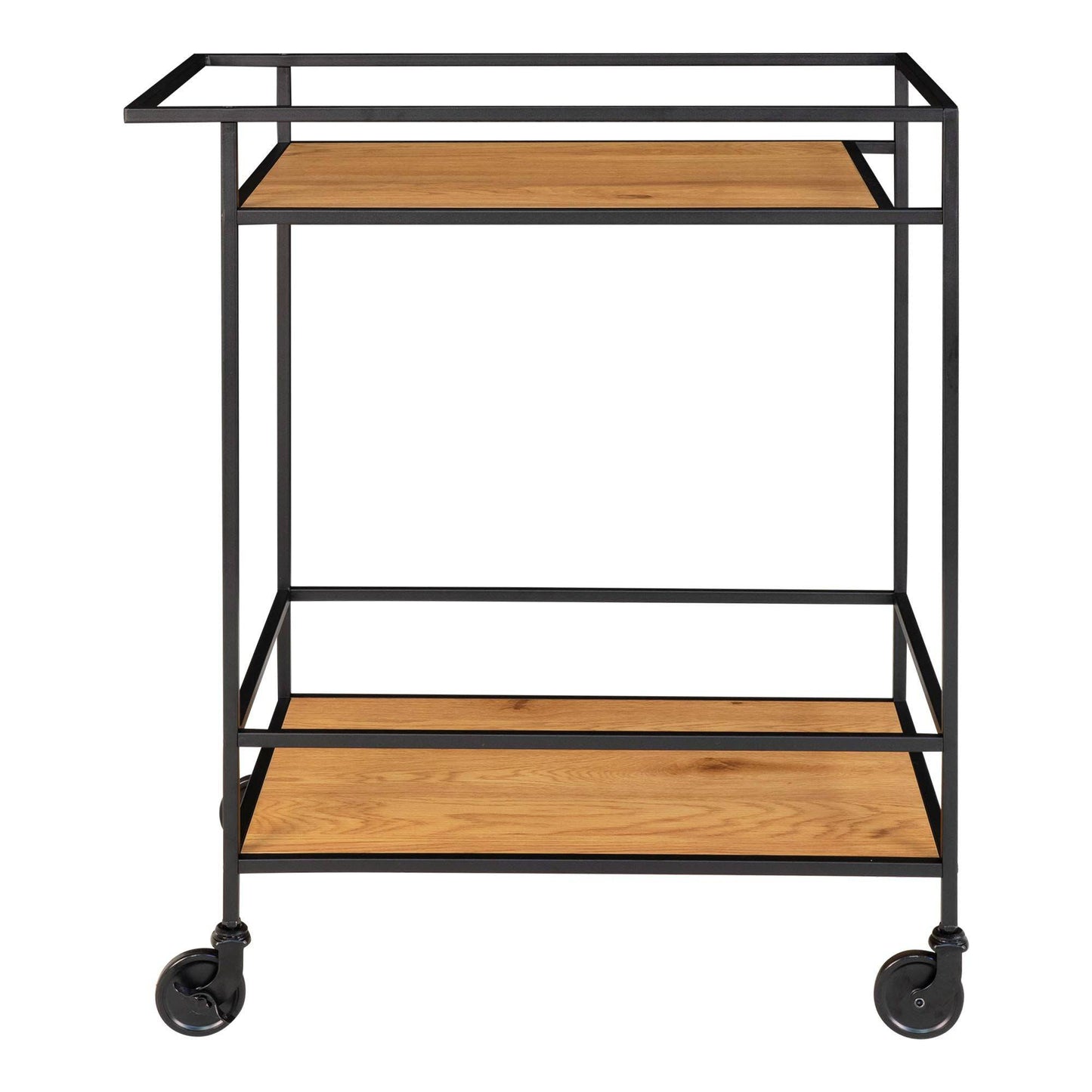 Carucior de bar cu 2 rafturi, cu aspect de stejar si rama neagra