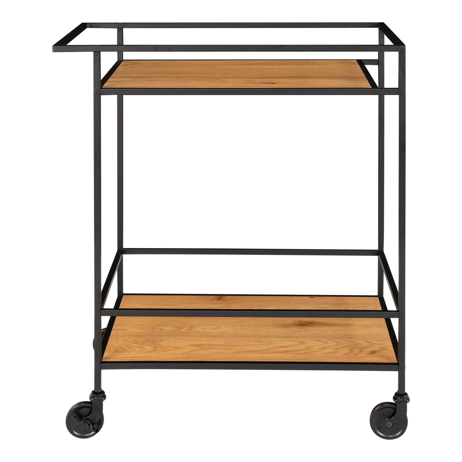 Carucior de bar cu 2 rafturi, cu aspect de stejar si rama neagra