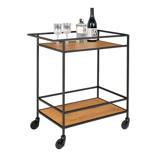 Carucior de bar cu 2 rafturi, cu aspect de stejar si rama neagra