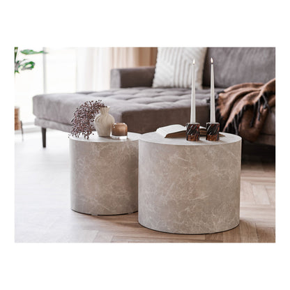 Masuta de cafea rotunda cu aspect de marmura bej, set de 2, in living