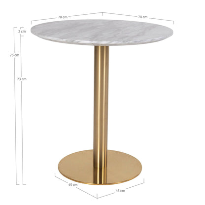 Masa de dining, blat cu aspect de marmura, baza cu aspect alama