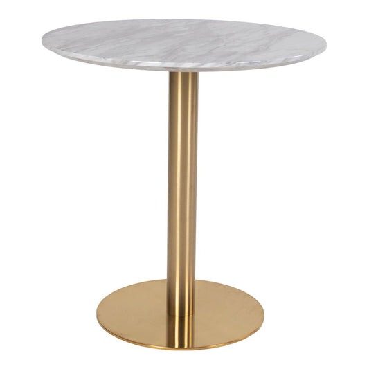 Masa de dining, cu blat cu aspect de marmura, baza cu aspect alama
