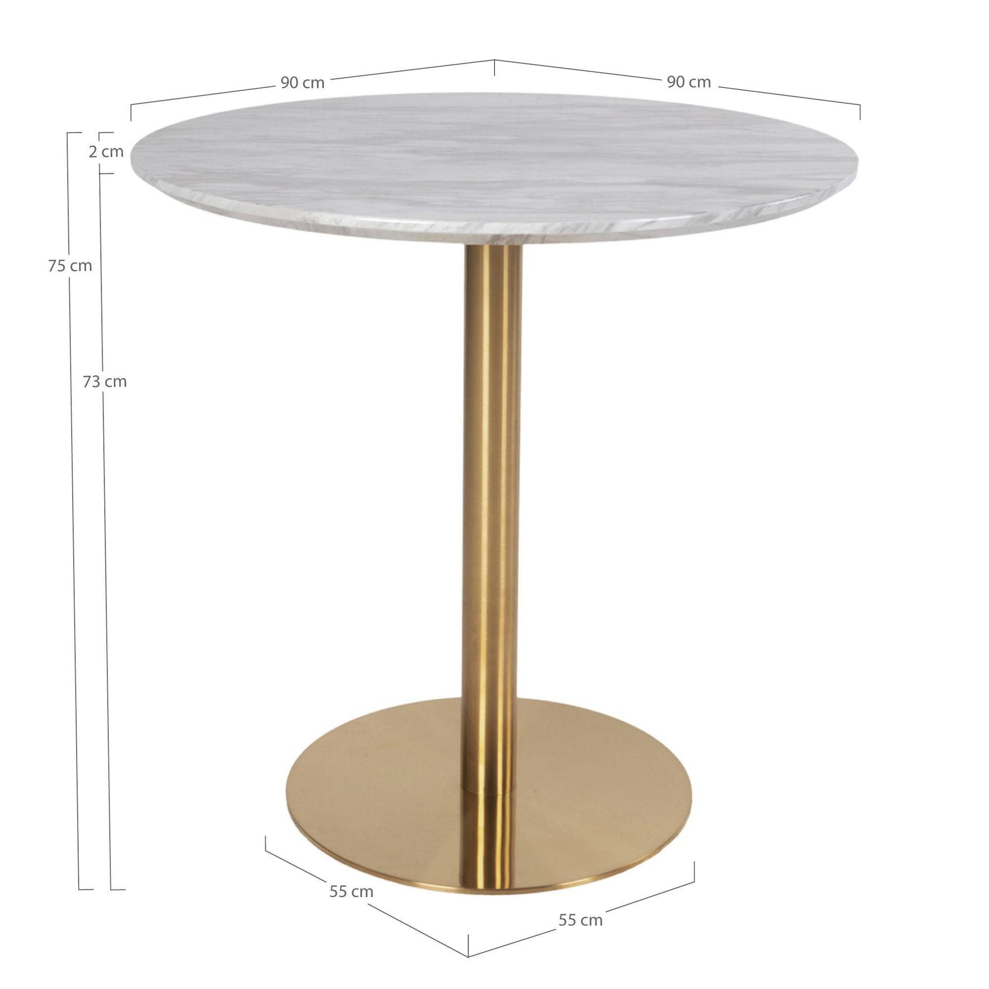 Masa de dining cu blat cu aspect de marmura, baza cu aspect alama