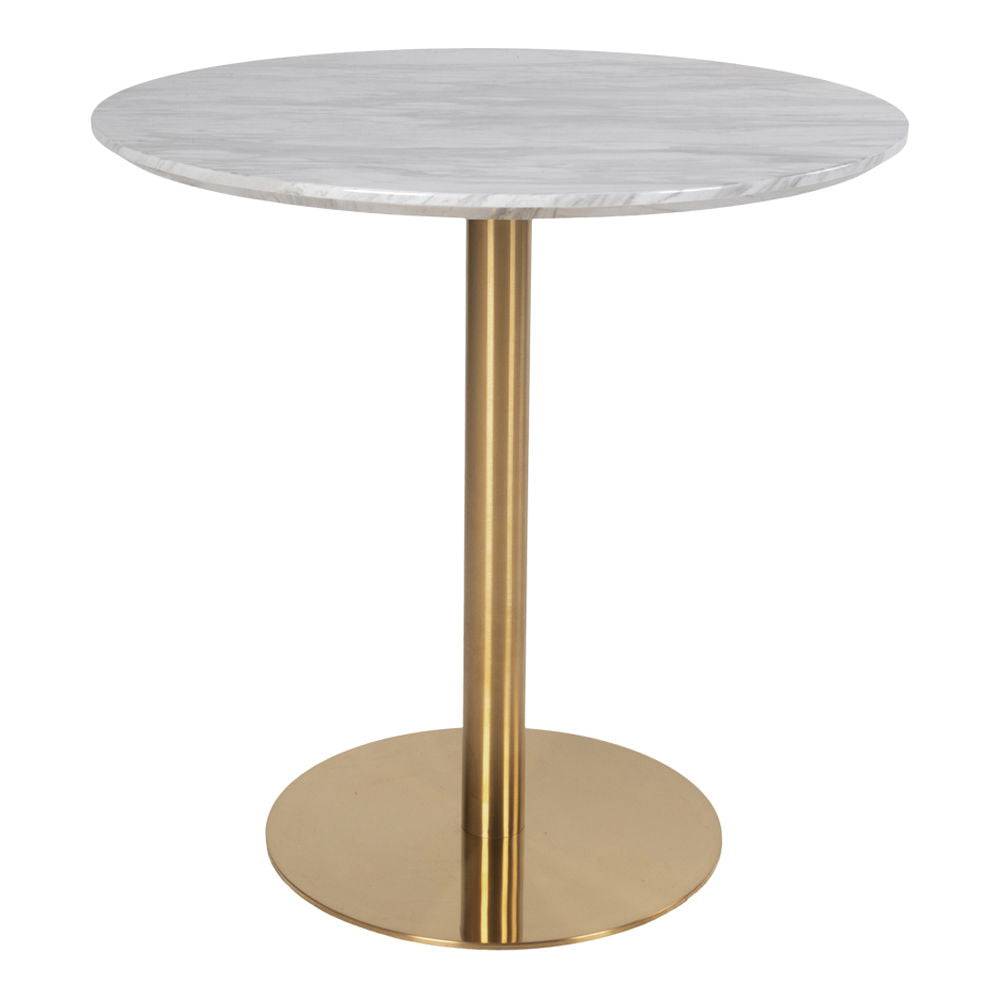 Masa de dining cu blat cu aspect de marmura, baza cu aspect alama