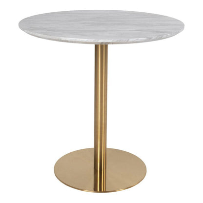 Masa de dining cu blat cu aspect de marmura, baza cu aspect alama