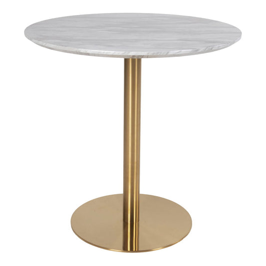 Masa de dining cu blat cu aspect de marmura, baza cu aspect alama