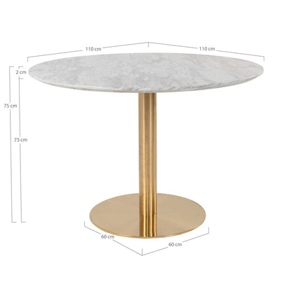 Masa de dining, cu blat cu aspect de marmura, baza cu aspect de alama