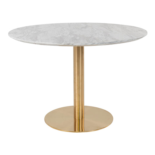 Masa de dining, cu blat cu aspect de marmura, baza cu aspect de alama
