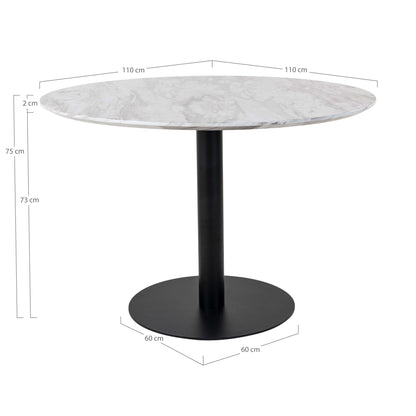 Masa de dining cu blat cu aspect de marmura, baza neagra