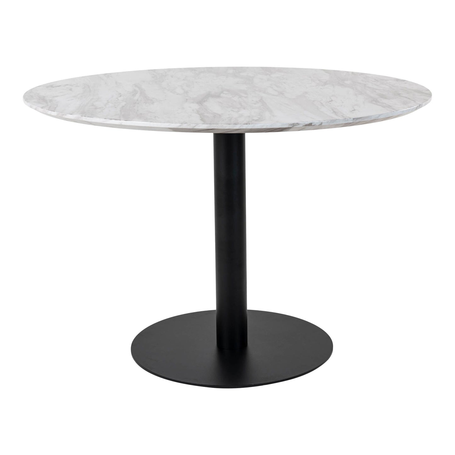 Masa de dining cu blat cu aspect de marmura, baza neagra