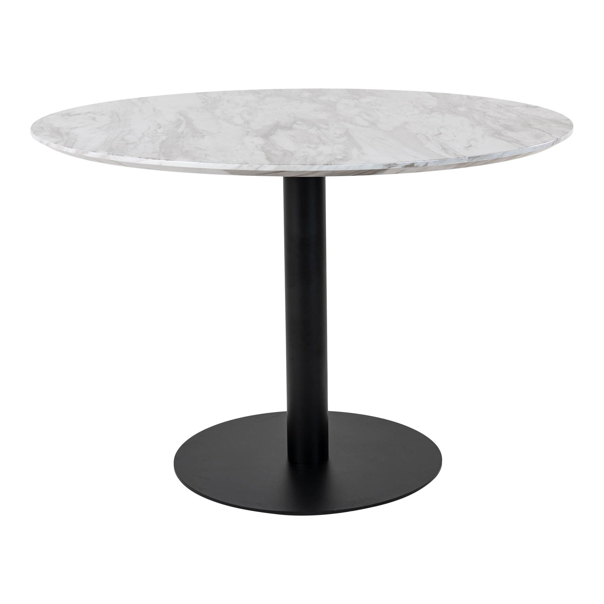Masa de dining cu blat cu aspect de marmura, baza neagra