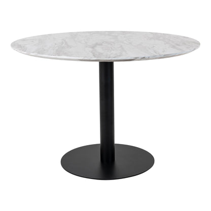 Masa de dining cu blat cu aspect de marmura, baza neagra