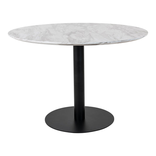 Masa de dining cu blat cu aspect de marmura, baza neagra