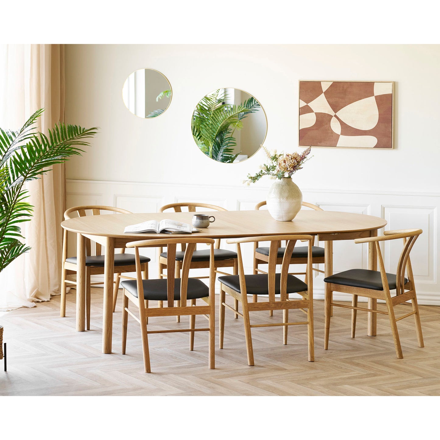 Masa de dining din furnir de stejar, natur, cu doua placi de extensie, in living