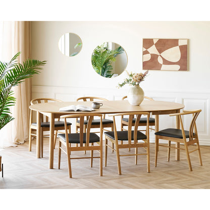 Masa de dining din furnir de stejar, natur, cu doua placi de extensie, in living