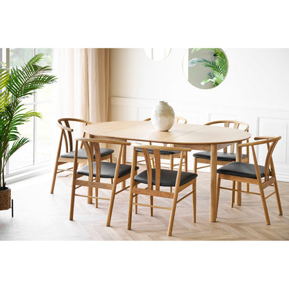 Masa de dining din furnir de stejar, natur, cu doua placi de extensie, in living