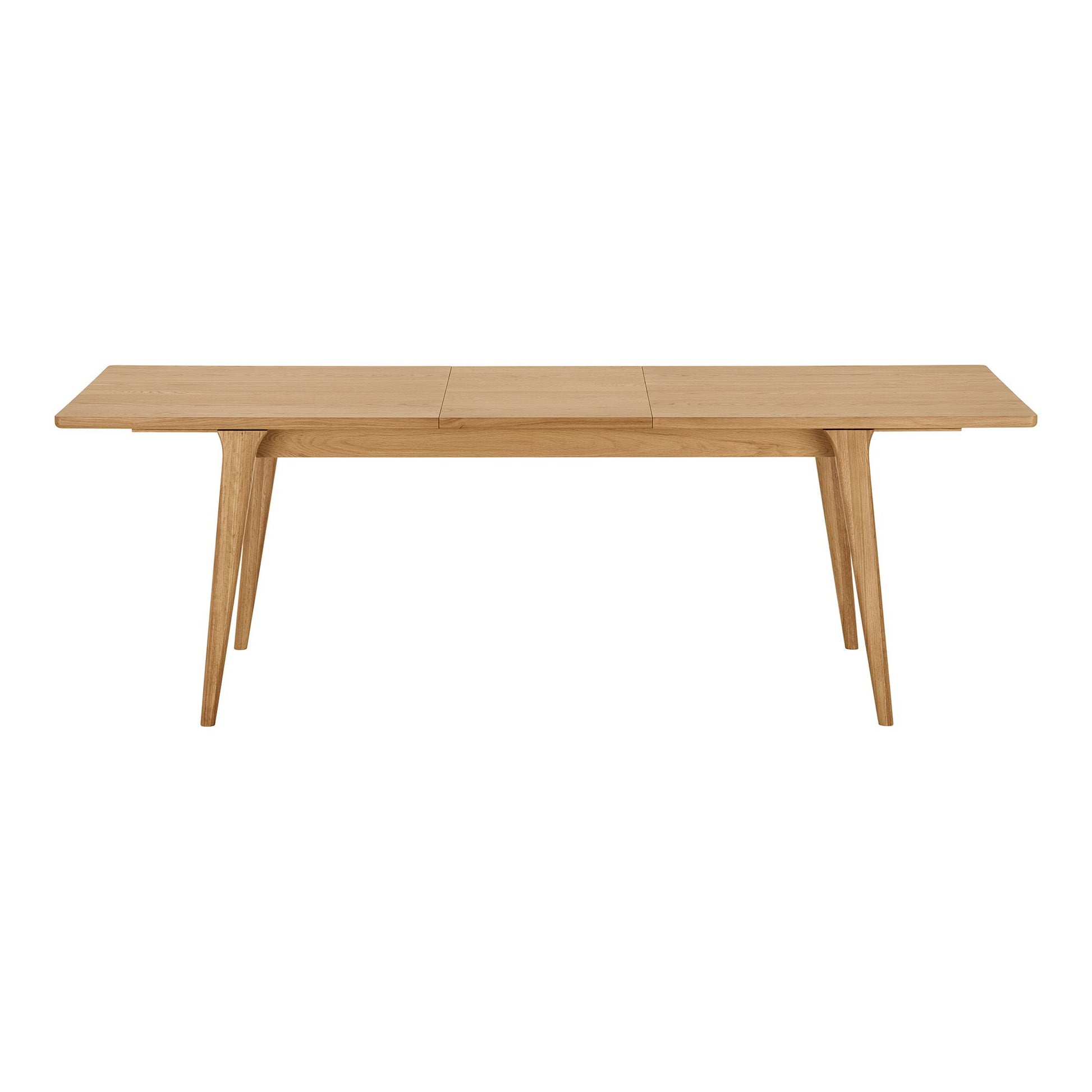 Masa de dining din furnir de stejar, natur, cu o placa de extensie, in living