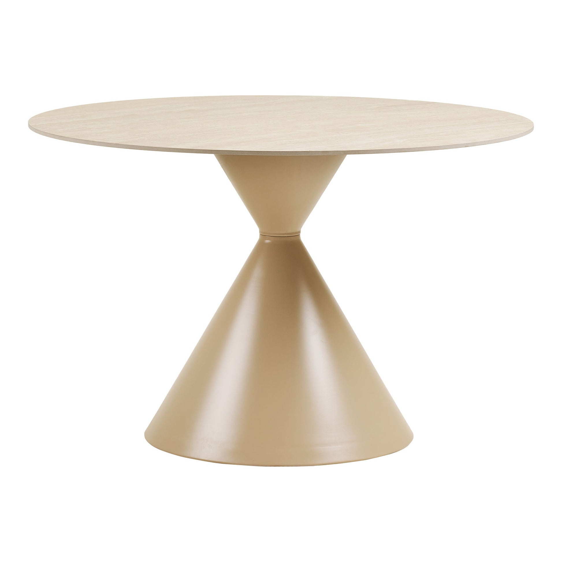 Masa de dining cu blat ceramic/otel, cu aspect de travertin/nisipiu